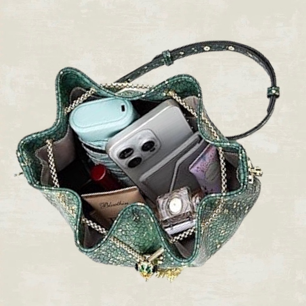Vegan Leather Green/Gold Snake Print Bucket Bag w/Goldfish Drawstring/Top Handle - Picture 2 of 16